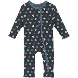 NEW KICKEE girl's bamboo print muffin ruffle coverall with snaps in pine happy g